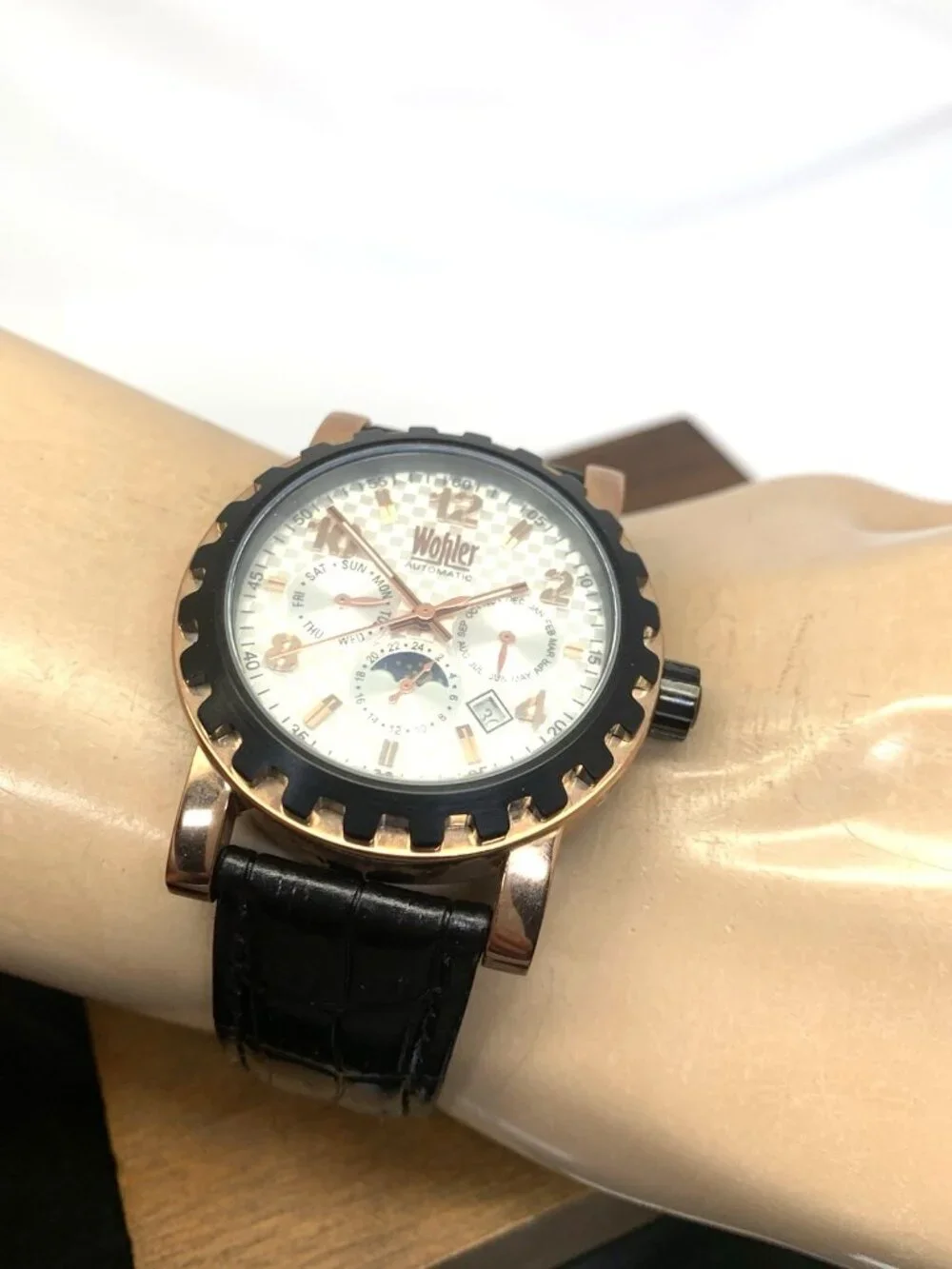 Wohler Men's Watch Automatic Triple Calendar Day Night Black Leather Strap 42mm